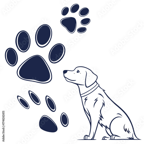 Dog sitting with paw prints in a clean graphic style