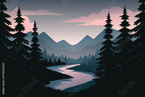 Serene mountain landscape with a winding river and silhouetted pine trees