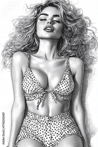 Wallpaper Mural Woman with a very large bust is sitting in a bikini. The drawing is black and white Torontodigital.ca