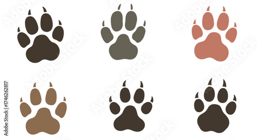 A collection of six colorful animal paw print illustrations.