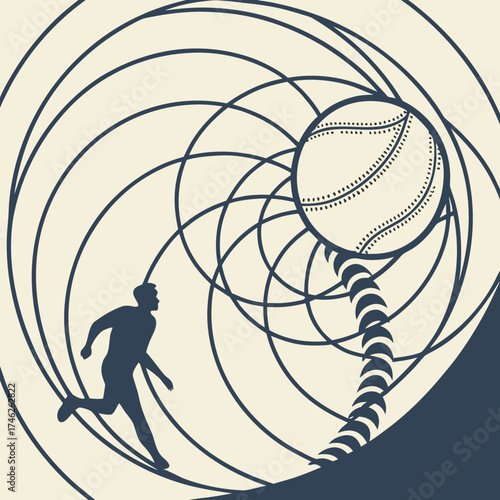 Man chasing baseball through abstract vortex