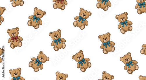 A charming pattern of adorable teddy bears with blue bows.