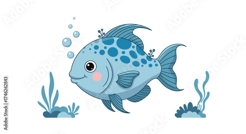 A cute blue fish swims in the ocean surrounded by seaweed and bubbles.