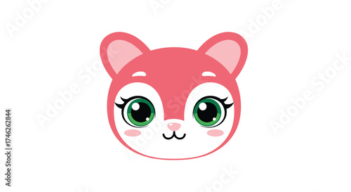 A cute pink cartoon fox with big green eyes smiling happily.