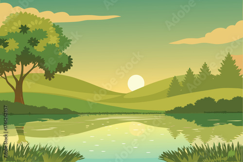 Serene landscape with a calm lake reflecting the sunset and green hills