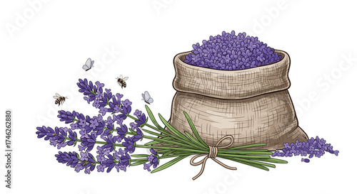 Aesthetic dried lavender flowers in a burlap sack with bees buzzing.