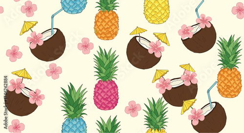 A tropical pattern of colorful pineapples and coconuts with flowers.