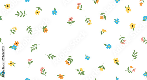 A scattering of small delicate wildflowers in various pastel colors on a white background.
