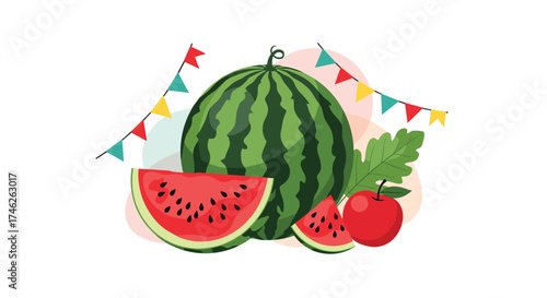 A ripe watermelon with slices and an apple decorated with festive flags.