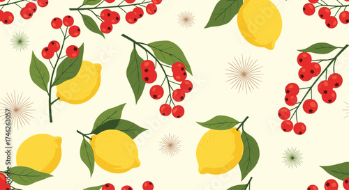 A cheerful pattern of lemons and red berries on a cream background.