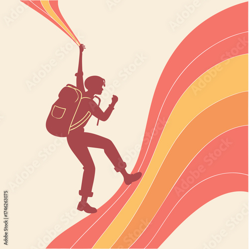 Silhouette of a hiker climbing a colorful abstract mountain