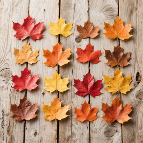 autumn leaves on wooden background