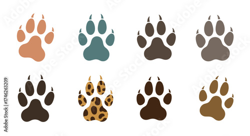Collection of diverse animal paw prints in various colors and patterns.
