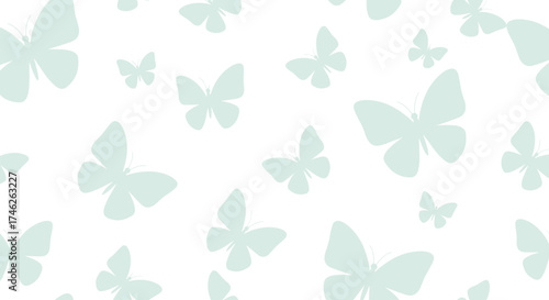 Gentle pastel butterflies scattered across a white background.