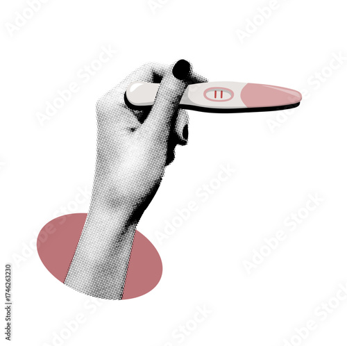A cut out woman's hand with a positive pregnancy test is a modern vector illustration with a vintage dotted texture on a transparent background. Point of view shot. Top down view. Trendy halftone coll