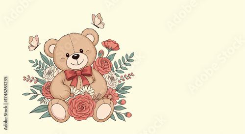 Adorable teddy bear sitting amongst delicate flowers and fluttering butterflies.