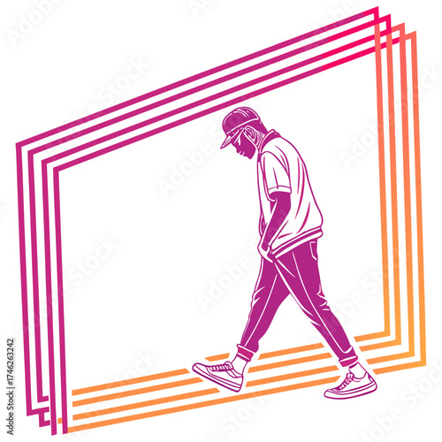 Stylish young man walking confidently within a vibrant geometric frame