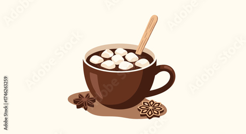 A warm cup of hot chocolate with marshmallows and spices.