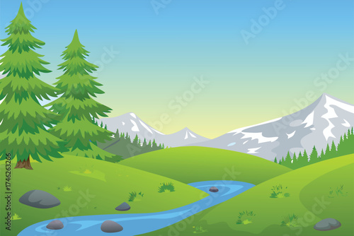 Scenic landscape featuring green hills a flowing river and distant mountains