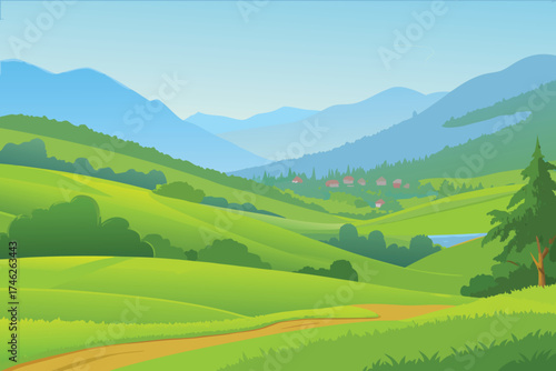 Scenic landscape illustration featuring rolling green hills and distant mountains