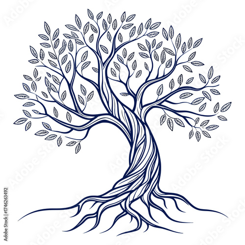 Stylized tree with intricate branches and roots in dark blue ink