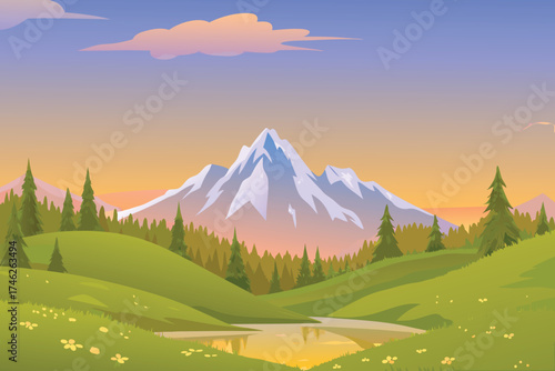 A serene landscape featuring mountains trees and a calm reflective lake