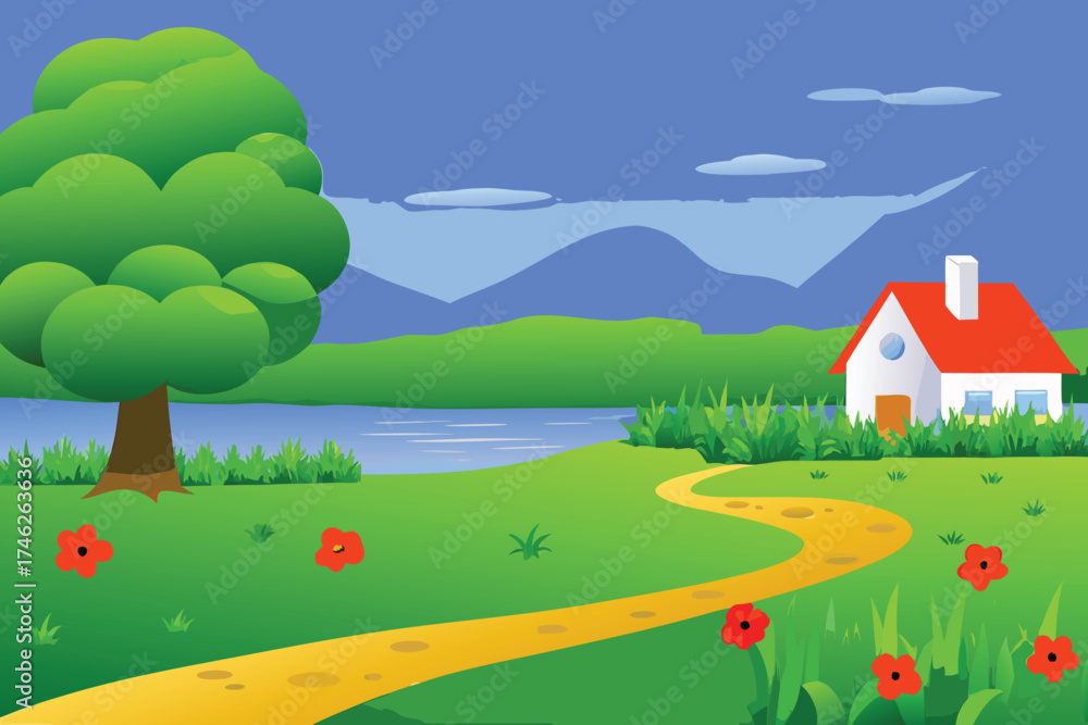 Fototapeta premium A vibrant cartoon landscape featuring a house tree and winding path