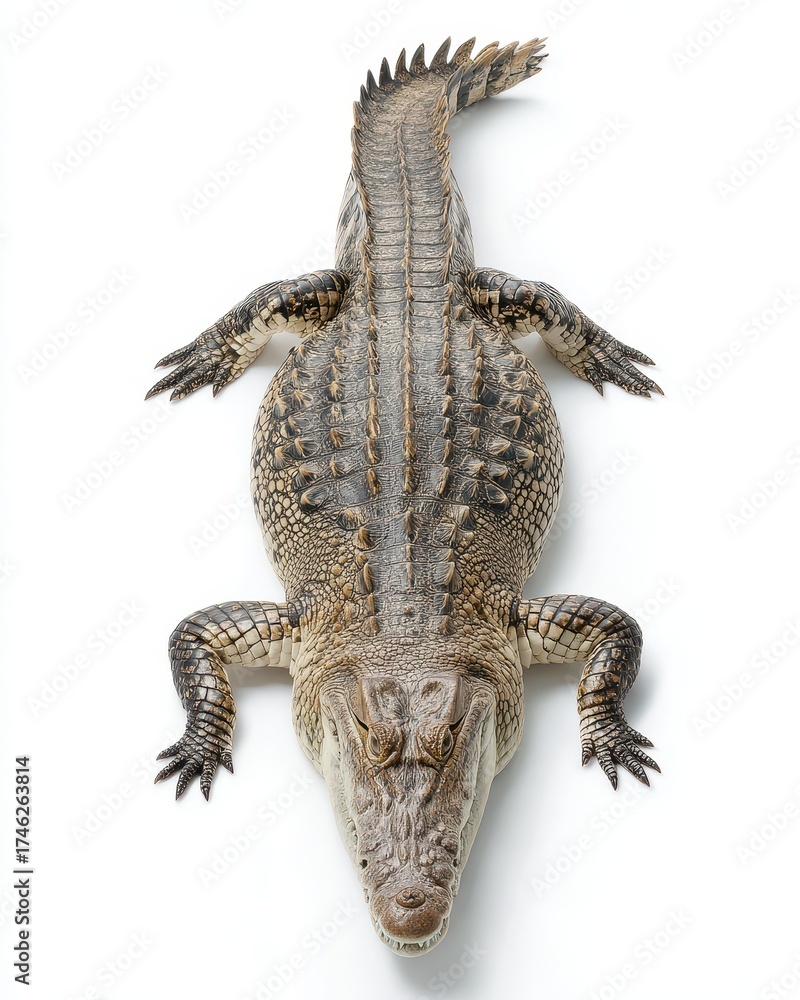 Naklejka premium Alligator Top View: Danger of a Big Crocodile Isolated on White Background