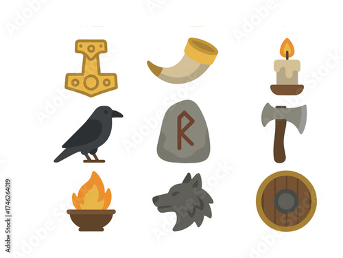 Vector Viking symbols: mjolnir, drinking horn, raven, rune, axe, fire, wolf, shield