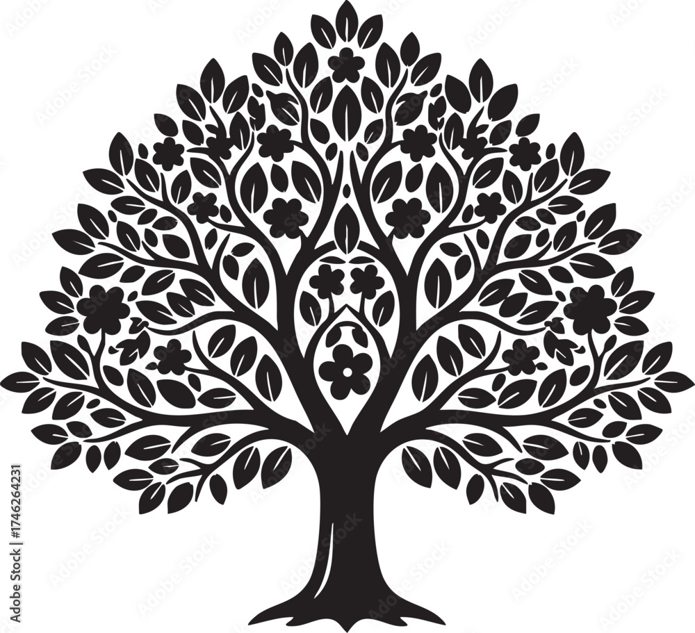 Fototapeta premium Detailed Tree Illustration, Black and White Tree Drawing, Intricate Leaf Design, Botanical Art, Monochrome Nature Sketch