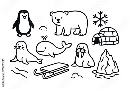 Vector Cartoon arctic animals and elements: penguin, polar bear, seal, whale, walrus, and igloo