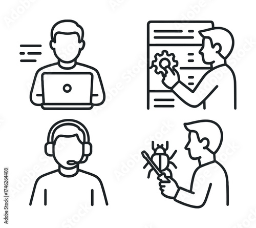 Vector Outline icons: male programmer with laptop, developer configuring, technical support, debugging