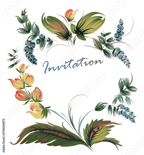 Vector floral pattern for Invitation, Greeting card. Fantasy flowers, leaves on a white background