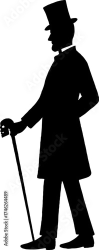 Silhouette of Victorian man with top hat holding skull cane  vector with white background 
