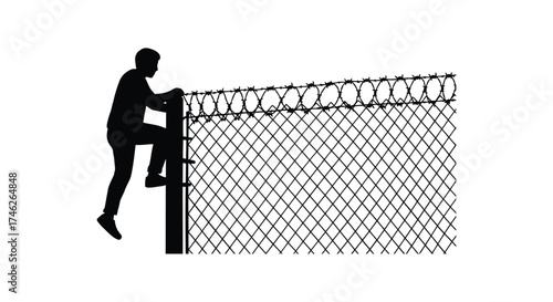 Silhouette of a person climbing over a barbed wire fence symbolizing escape overcoming obstacles and freedom in a stark monochrome setting