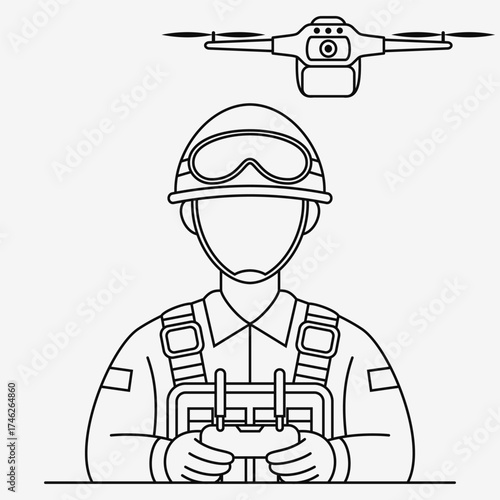 Linear Icon of Soldier Operating FPV Drone with Remote Control