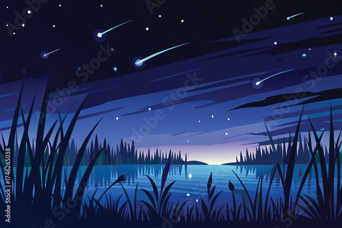 A serene night landscape with a starry sky and shooting stars