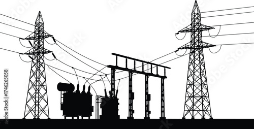 Black silhouette illustration of high voltage electricity substation with power transmission towers, transformers and cables, vector energy infrastructure background design