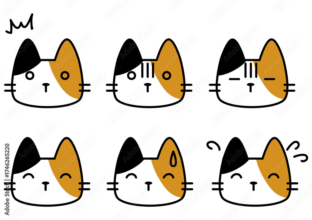Fototapeta premium 三毛猫のさまざまな感情表現アイコンセット