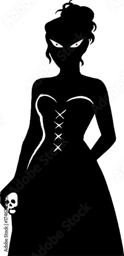 Silhouette of woman in corset dress with glowing red eyes  vector with white background 