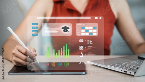 Woman Using Stylus on Tablet with LMS Dashboard, Calendar and Analytics