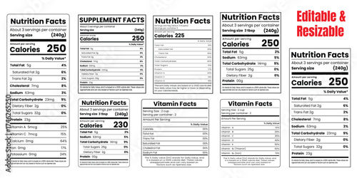 nutrition facts label, supplement facts template, vitamin facts ,nutrition fact template vector illustration.