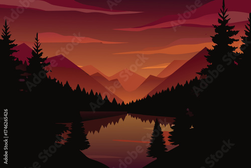 Dramatic mountain landscape with silhouetted trees and fiery sunset reflection