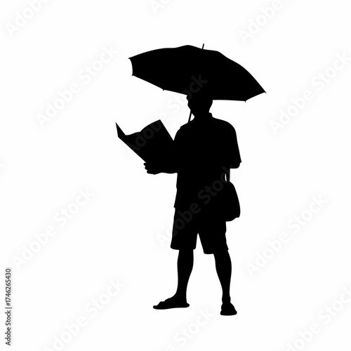 Silhouette of an architect reviewing structure plan under umbrella in rain isolated on white background