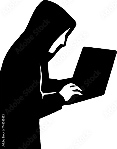 Hacker using laptop secretly black and white silhouette  vector with white background 