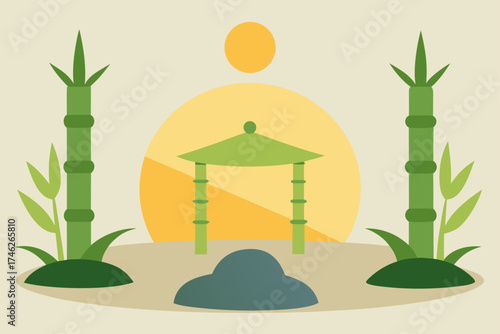 Calm Meditation Garden with Bamboo and Sunlight Illustration