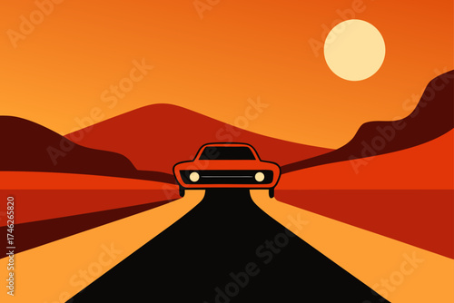 Cinematic Desert Road Background with Vintage Car Illustration