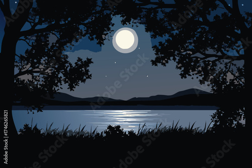 Tranquil night scene with a full moon over a calm lake landscape