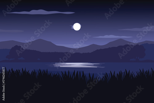 Serene nighttime landscape with a full moon reflecting on calm waters