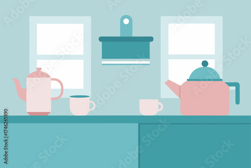 Clean Pastel Kitchen Counter with Tea Set and Sunlight Illustration